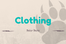 Clothing title in teal with “Behr Barn” subtitle on a beige background with subtle petal shapes