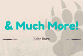 Teal “& Much More!” text with “Behr Barn” below on a beige background with a faint leaf graphic