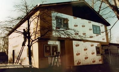 A man is standing on a ladder on the side of a house.