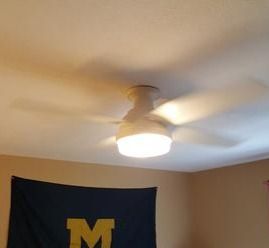 A ceiling fan is hanging from the ceiling in a room with a flag hanging on the wall.