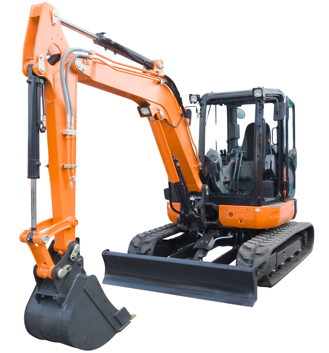 An orange excavator with a black bucket on a white background.