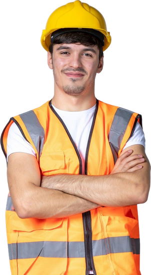 A man wearing a hard hat and an orange vest is standing with his arms crossed.