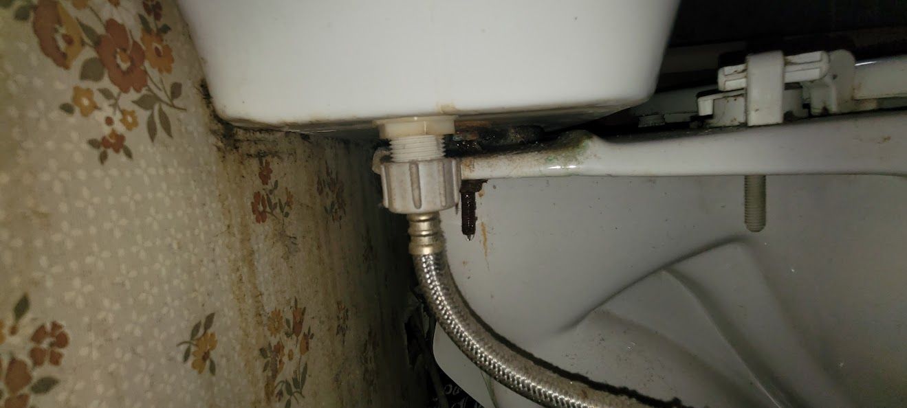A close-up of a toilet water connection, showing the water supply hose and nut connecting to the toilet tank.