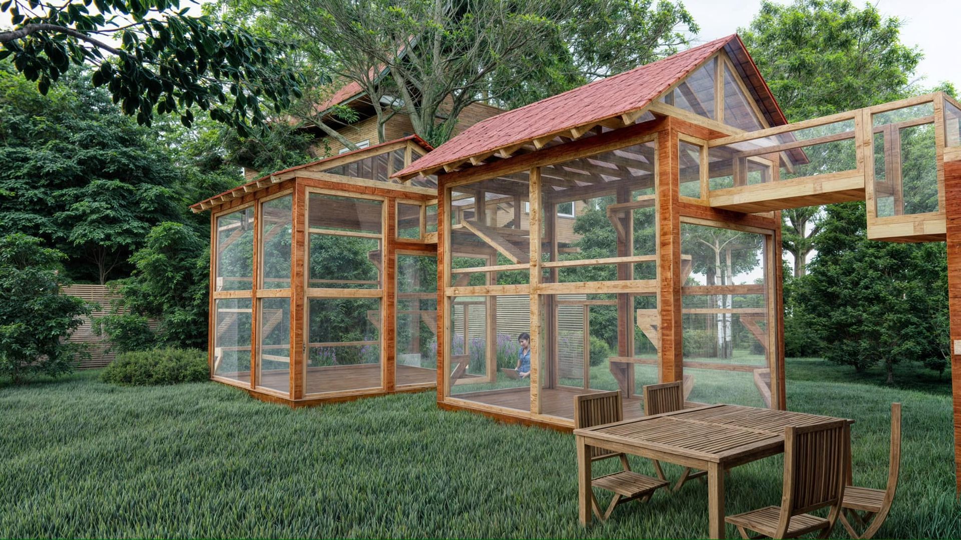 Cat enclosure with wooden frame, mesh walls, red roof, and connecting bridge in a backyard with a table set.