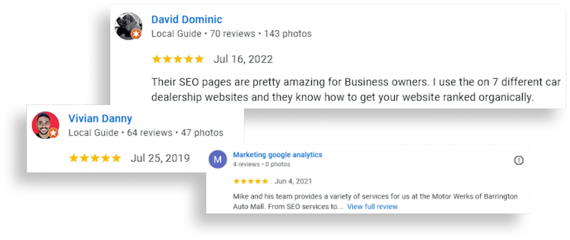 A couple of google reviews on a white background