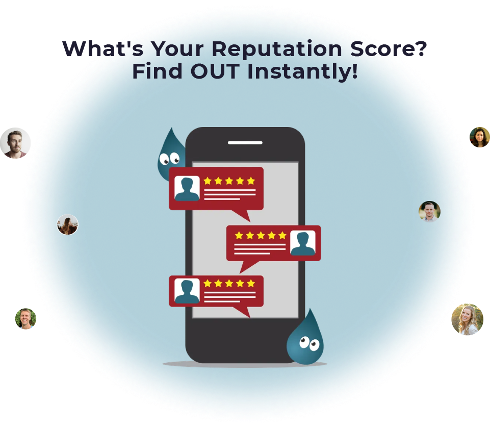 A cell phone with speech bubbles on it and the words `` what 's your reputation score ? find out instantly ! ''