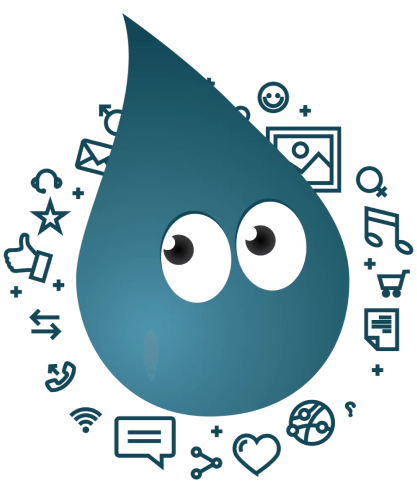 A blue drop of water with a face and eyes surrounded by social media icons.