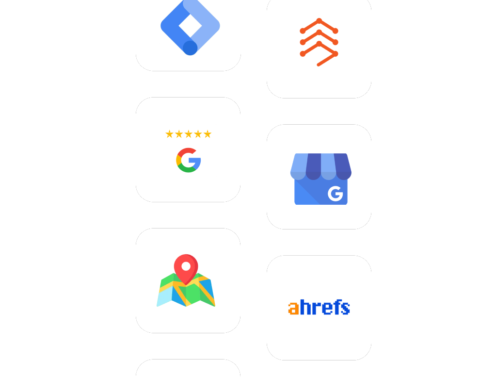 A bunch of icons on a white background including google , ahrefs , and a map.