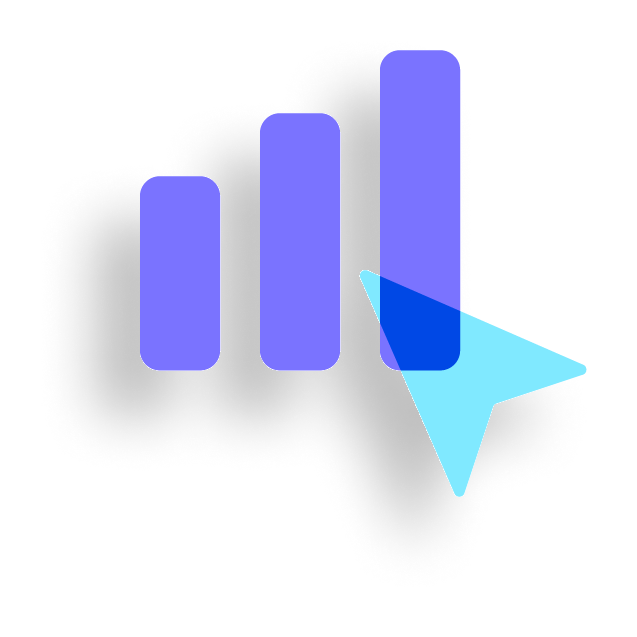 A purple bar graph with a blue arrow pointing down.