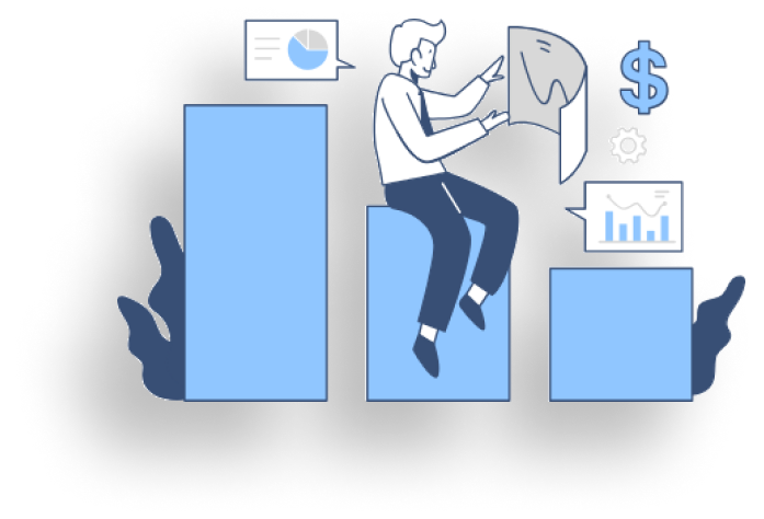 A man is sitting on a blue box looking at a graph.