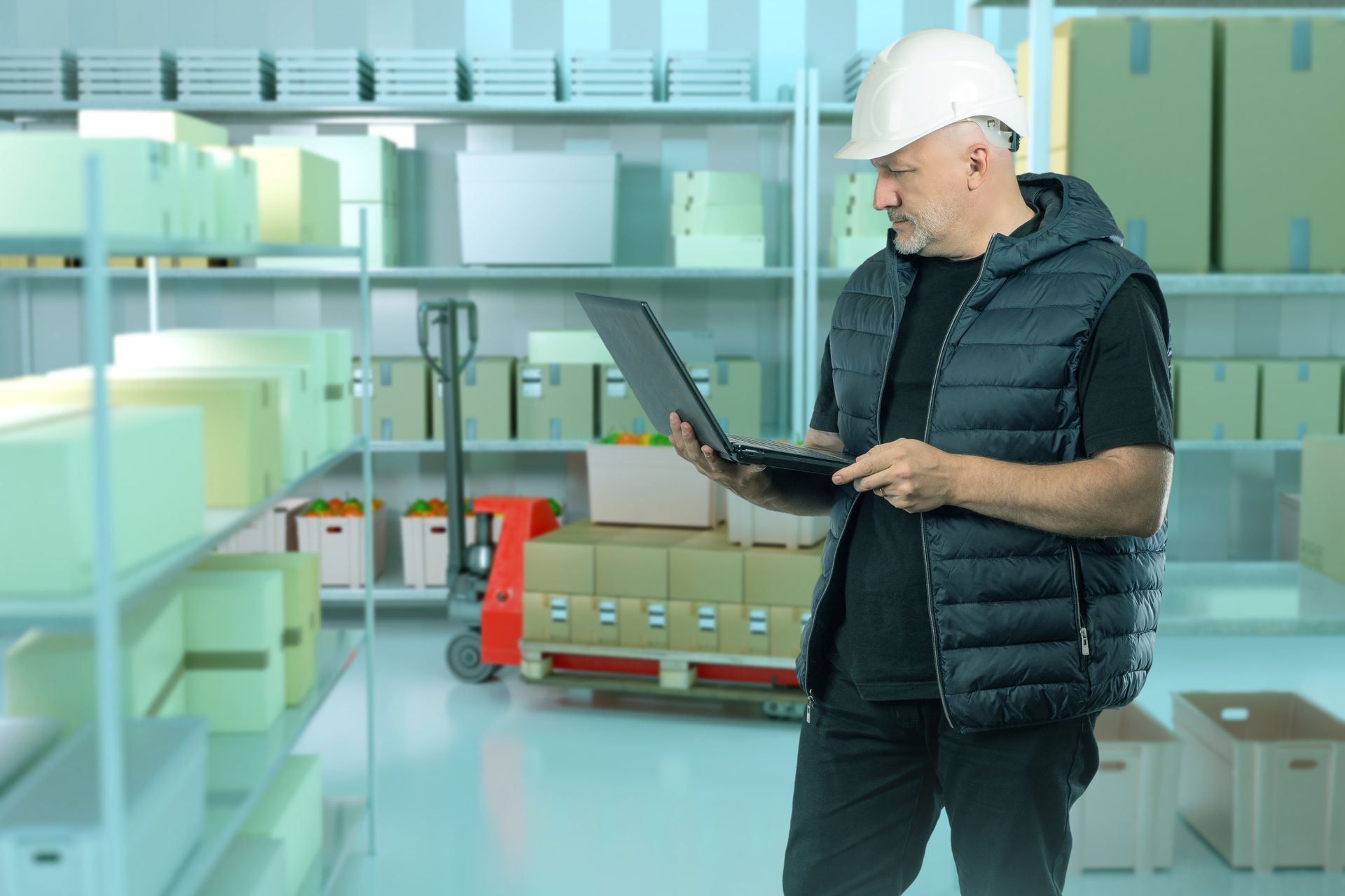 A man with a laptop in an industrial refrigerated chamber for food storage.