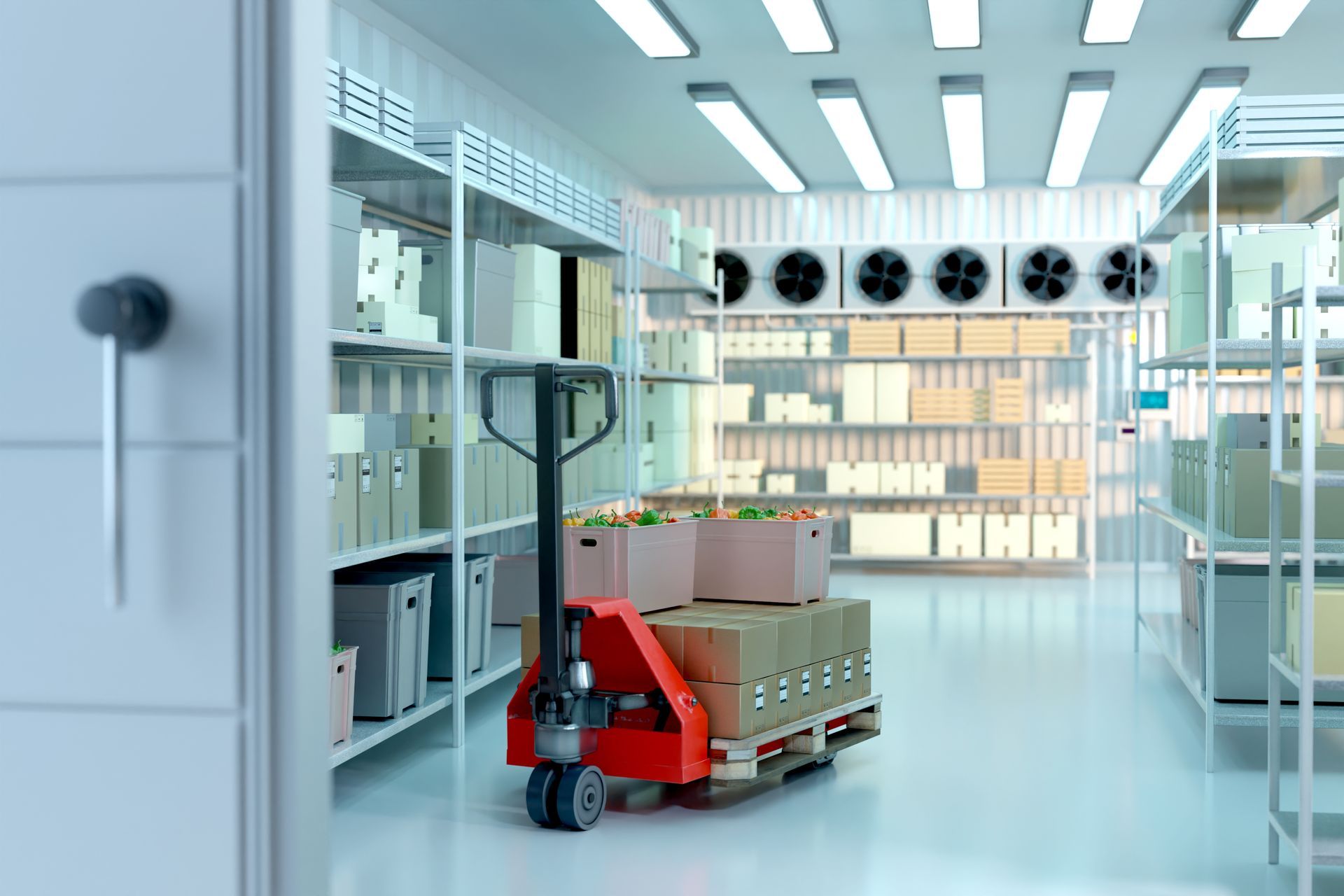 Commercial refrigeration system with walk-in freezer and temperature-controlled storage area. Commercial refrigeration system with walk-in freezer and temperature-controlled storage area.