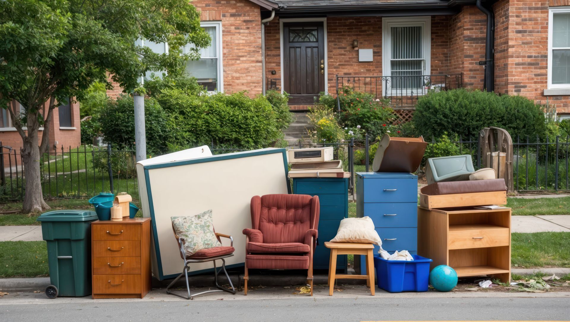 A bunch of furniture is sitting on the side of the road in front of a house.