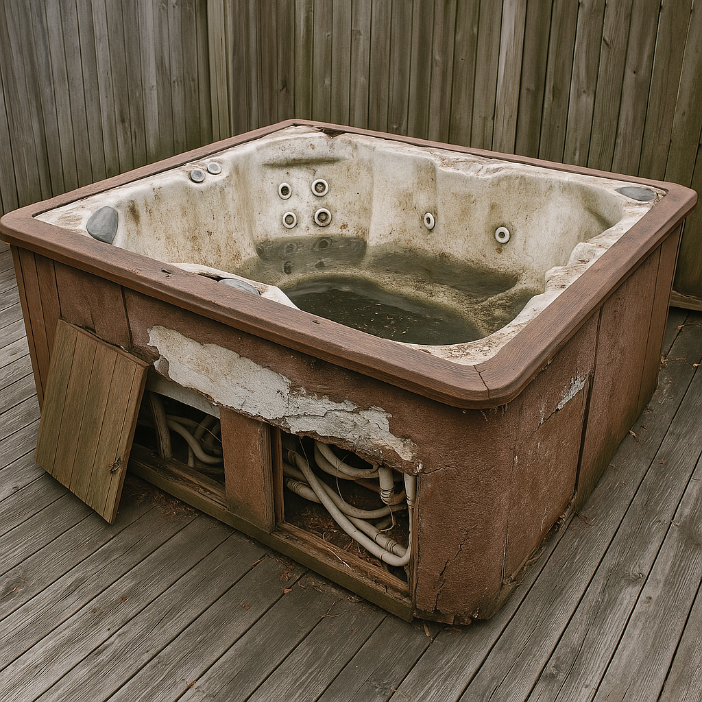 An old hot tub is sitting on a wooden deck.