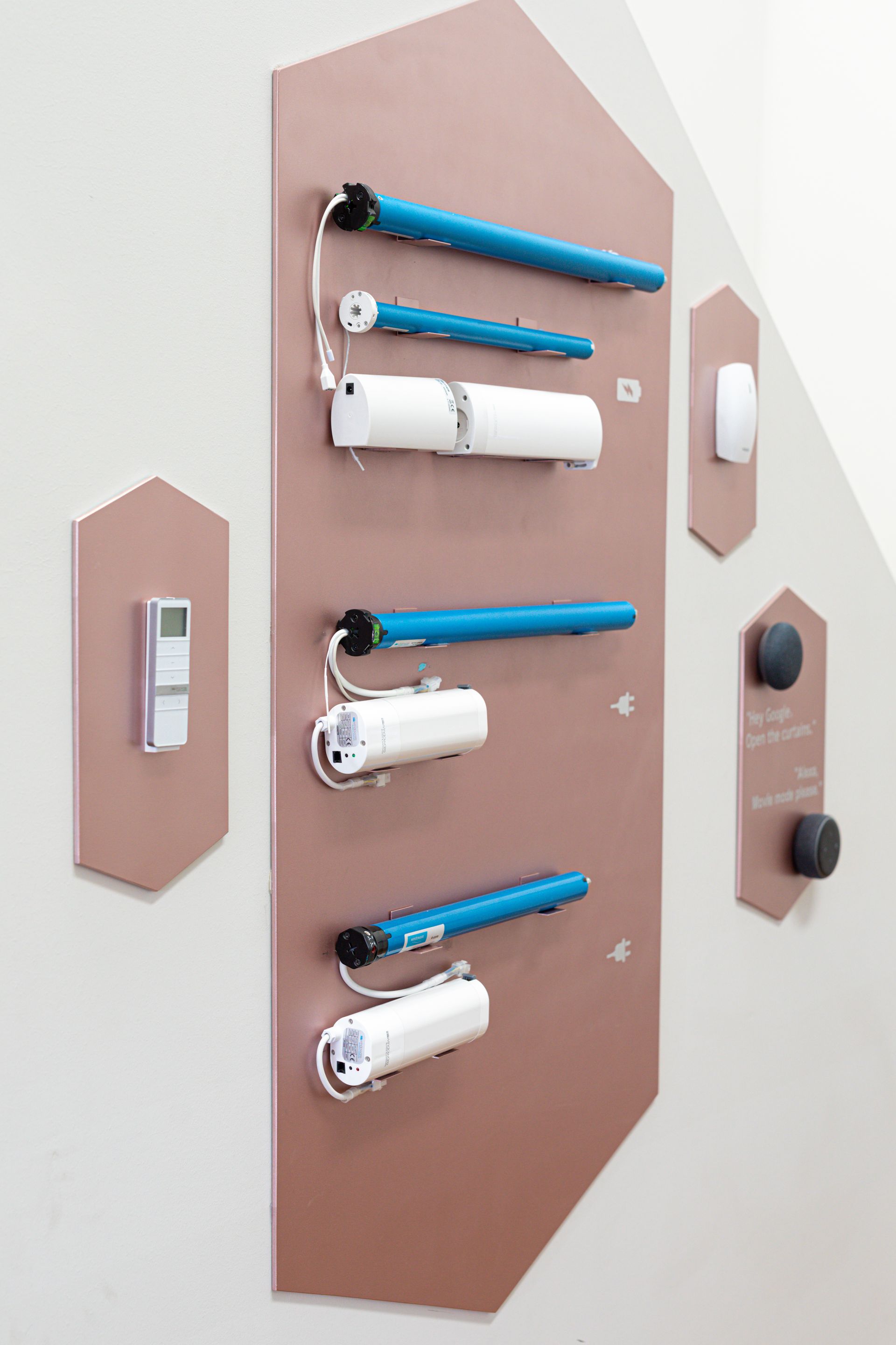 A display of different types of motors on a wall
