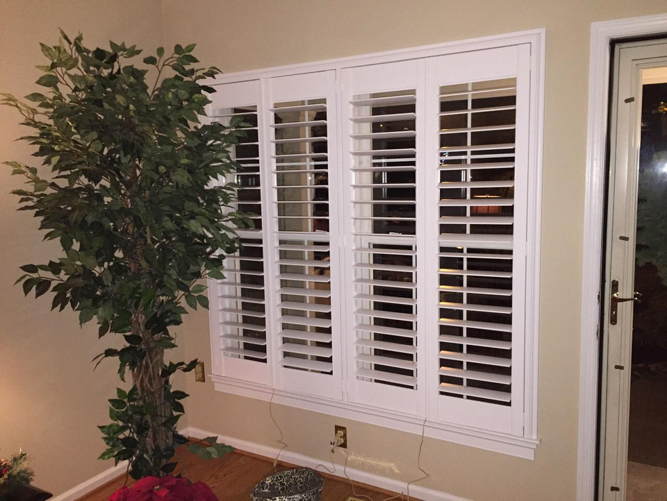 A window with shutters and a plant in front of it