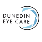 Logo for Dunedin Eye Care featuring black text and a light blue stylized camera aperture icon on a white background.