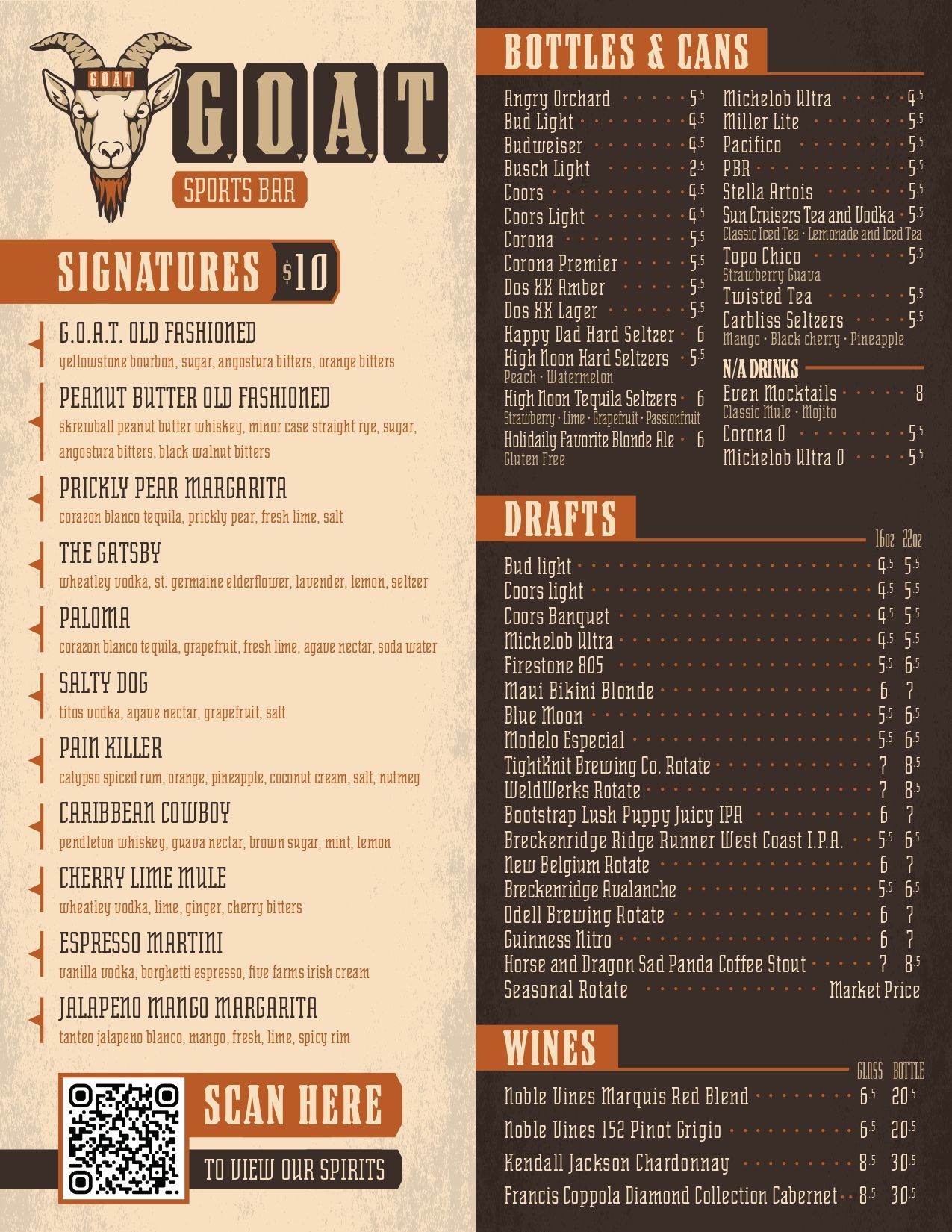 a menu for bottles and cans, cocktails and drafts