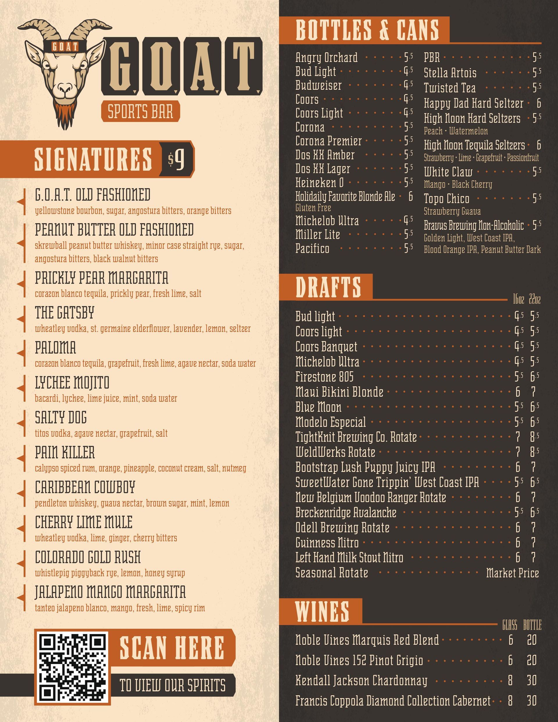 a menu for bottles and cans, cocktails and drafts