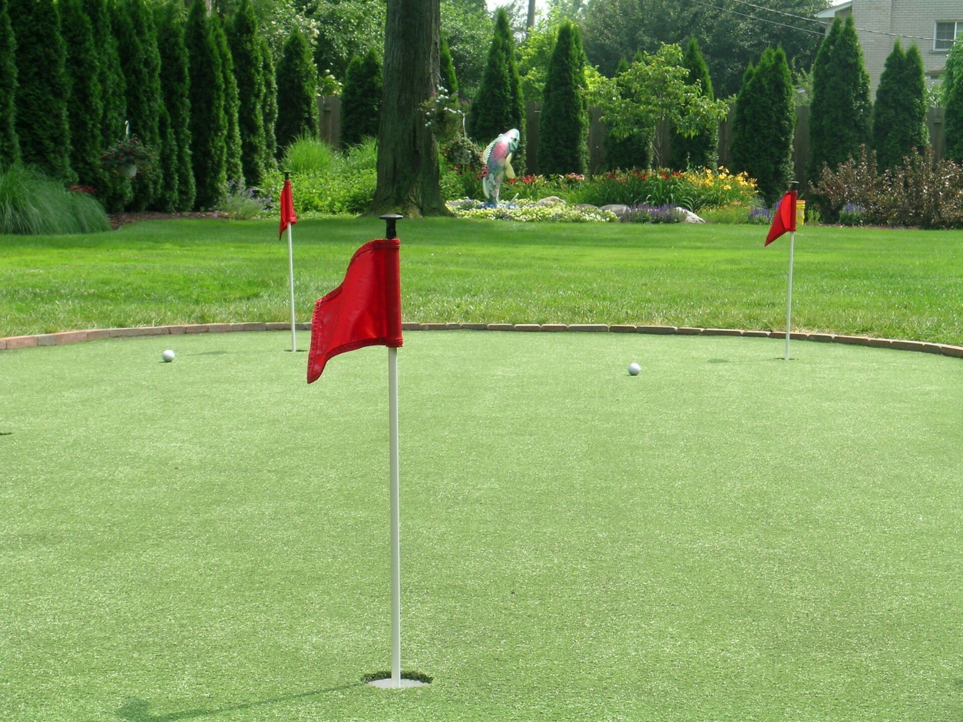 A man is putting a golf ball on a green with red flags.