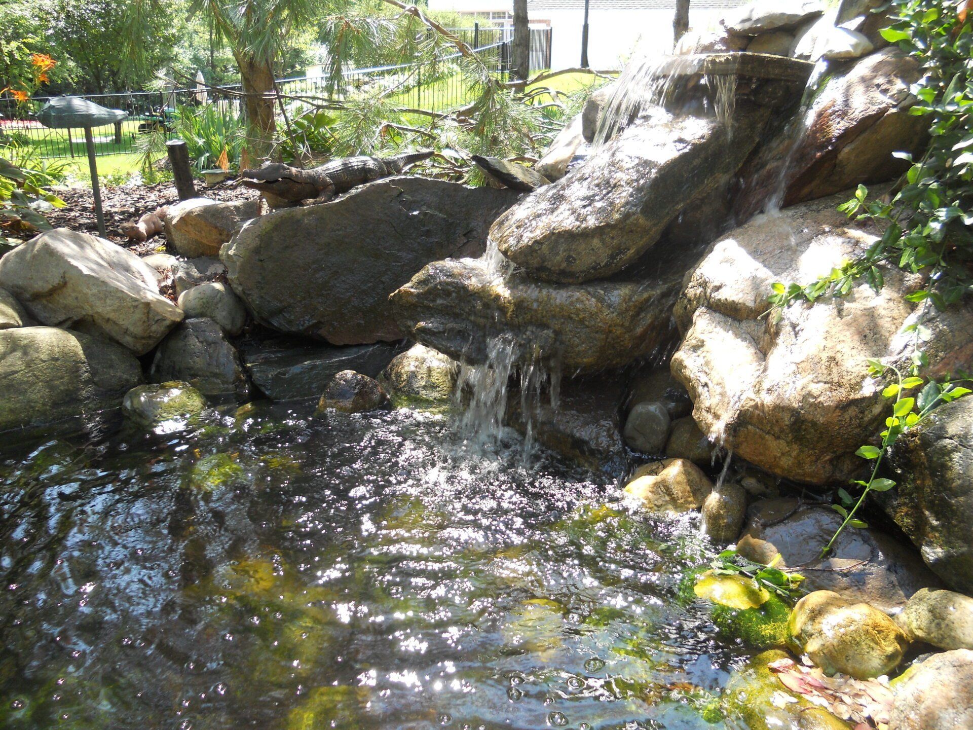 A pond with a waterfall in the middle of it