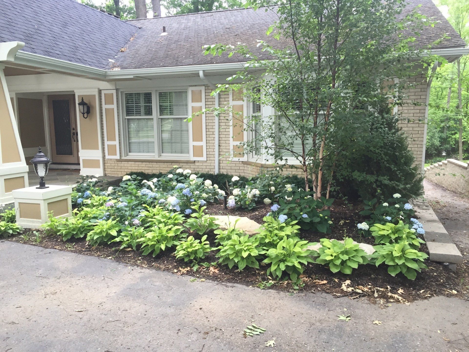 A house with a lot of flowers in front of it