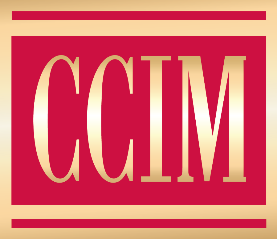 CCIM logo in gold letters on a red background, framed in gold.