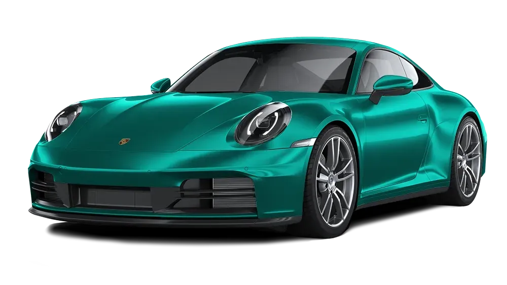 A green porsche 911 is shown on a white background.