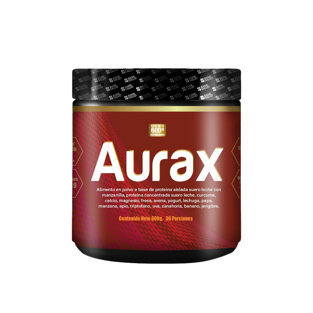 Tarro de Aurax, un suplemento, con etiqueta roja y dorada.