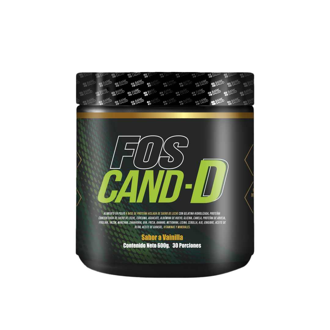 Envase de suplemento negro etiquetado "FOS CAND-D", con detalles en verde y dorado.