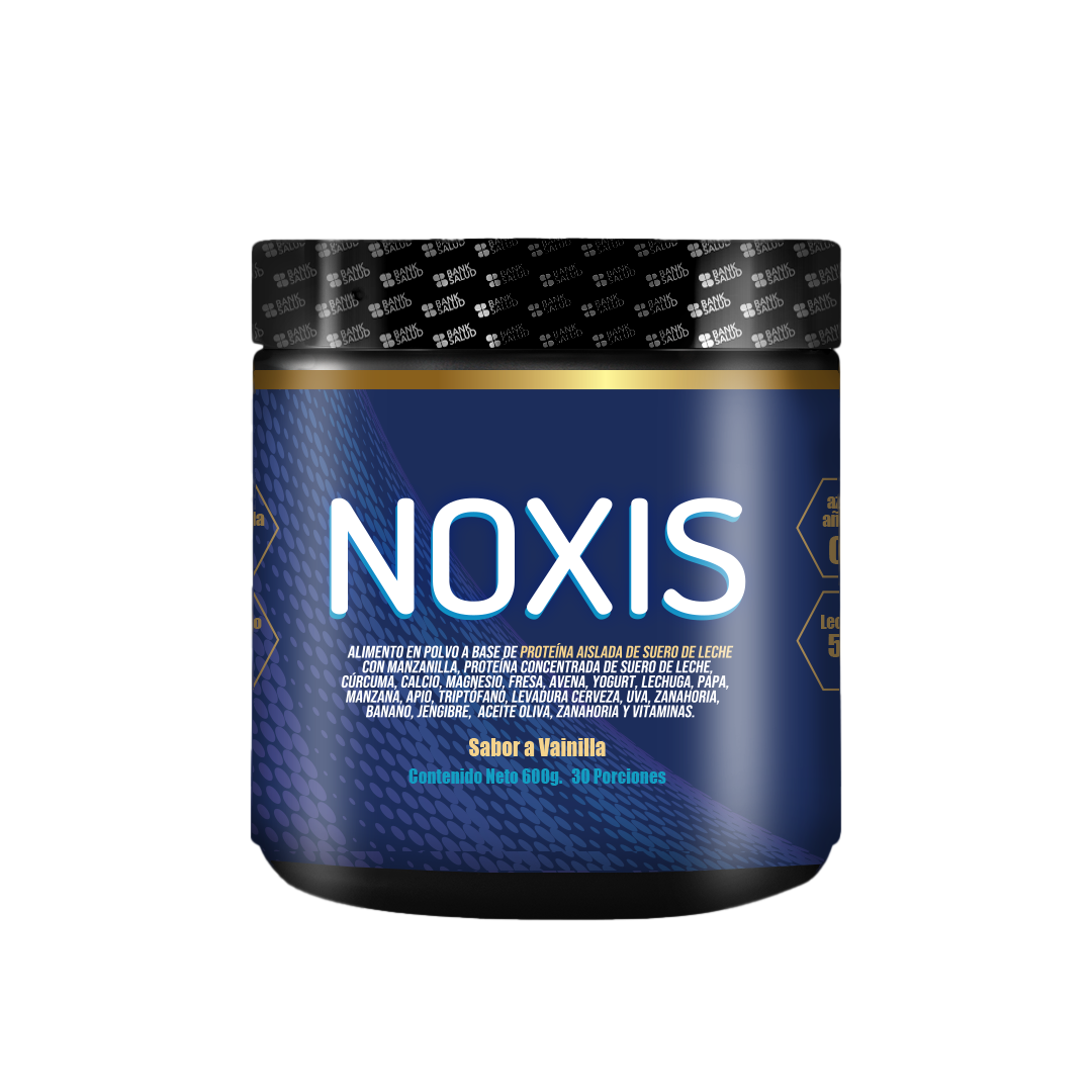 Contenedor de suplementos Noxis de color azul oscuro con texto blanco y detalles dorados.
