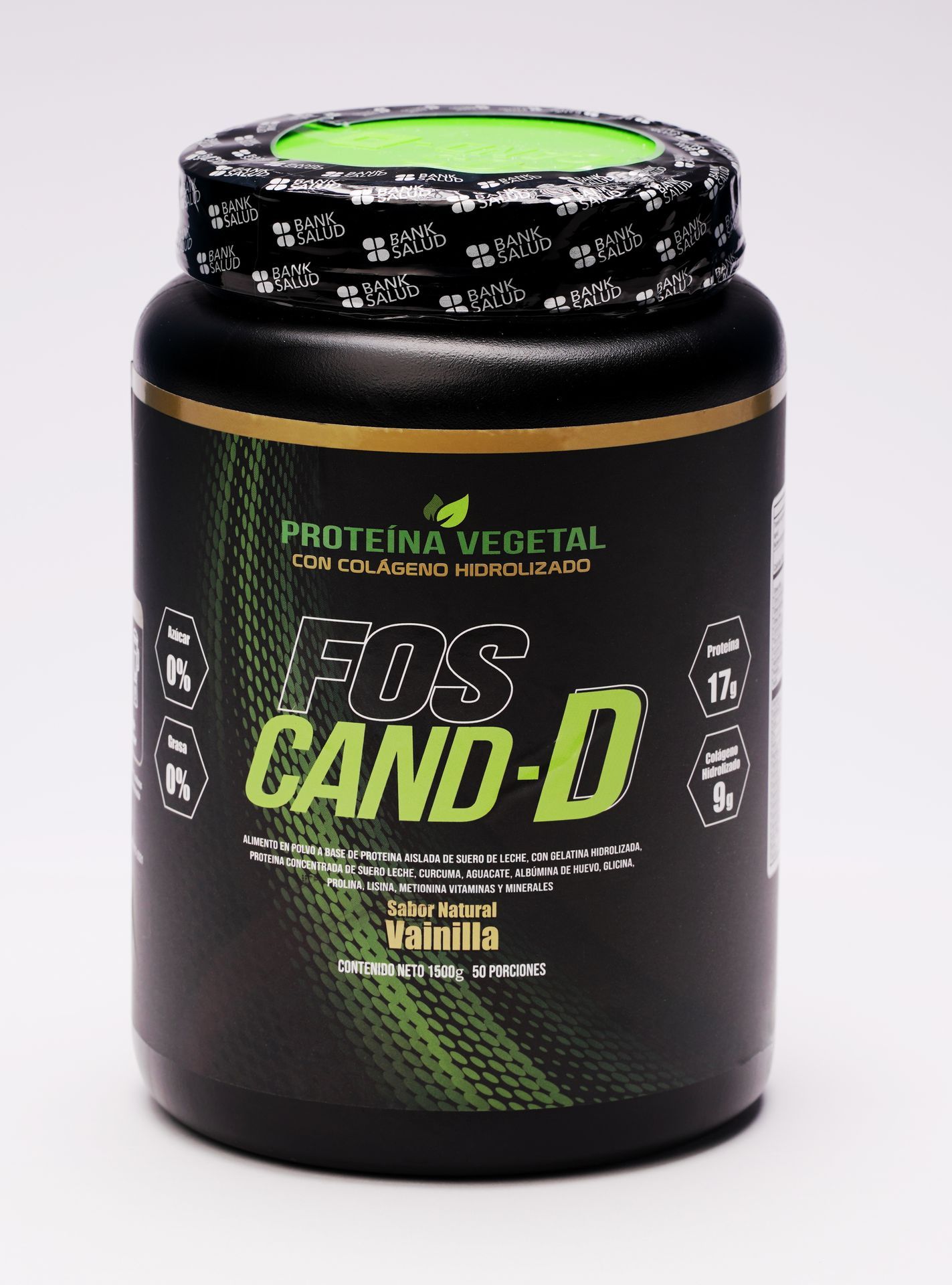 Envase de proteína en polvo de color negro etiquetado 