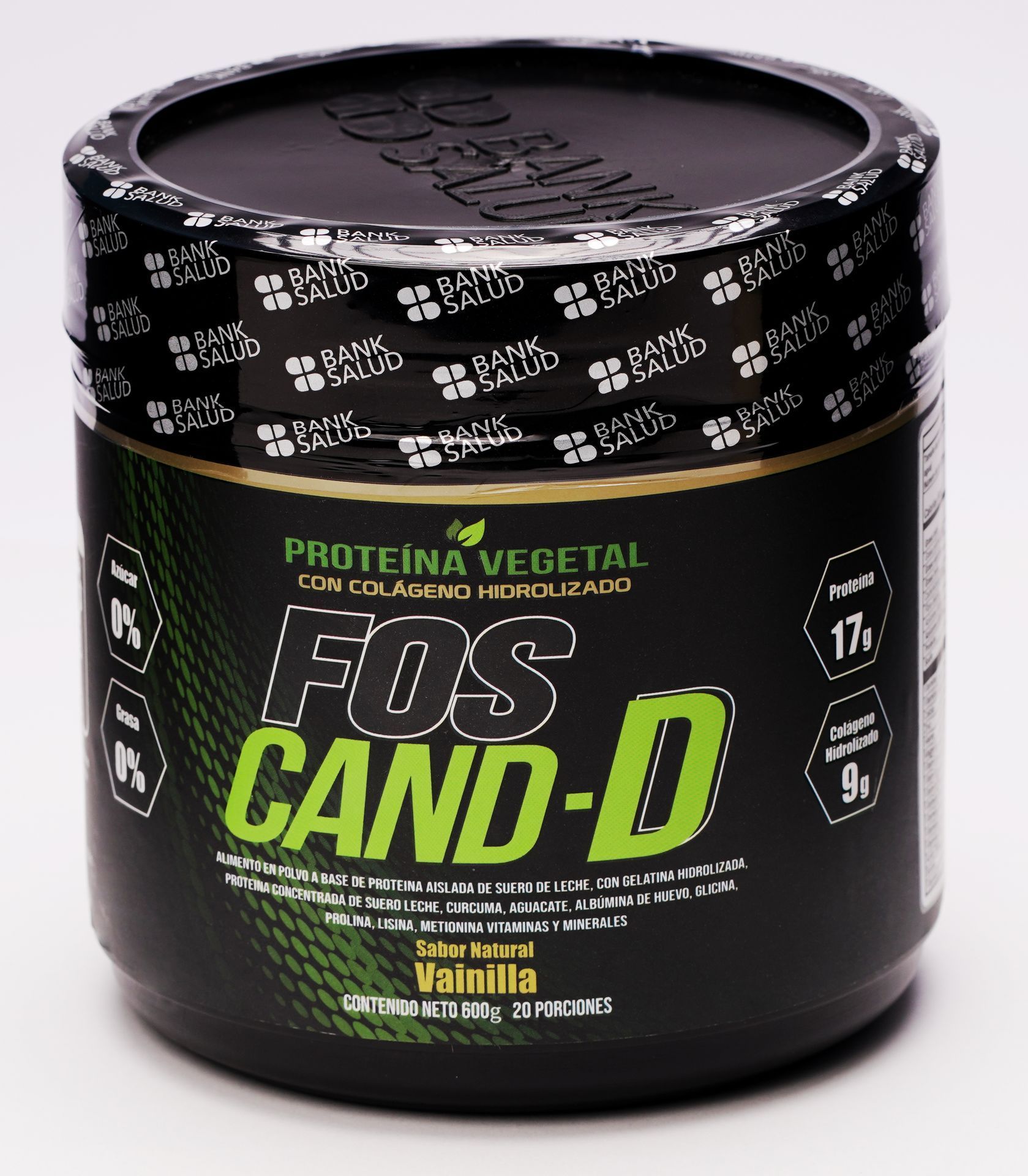 Tarro negro de proteína en polvo FOS CAND-D con detalles en verde y dorado, etiquetado 