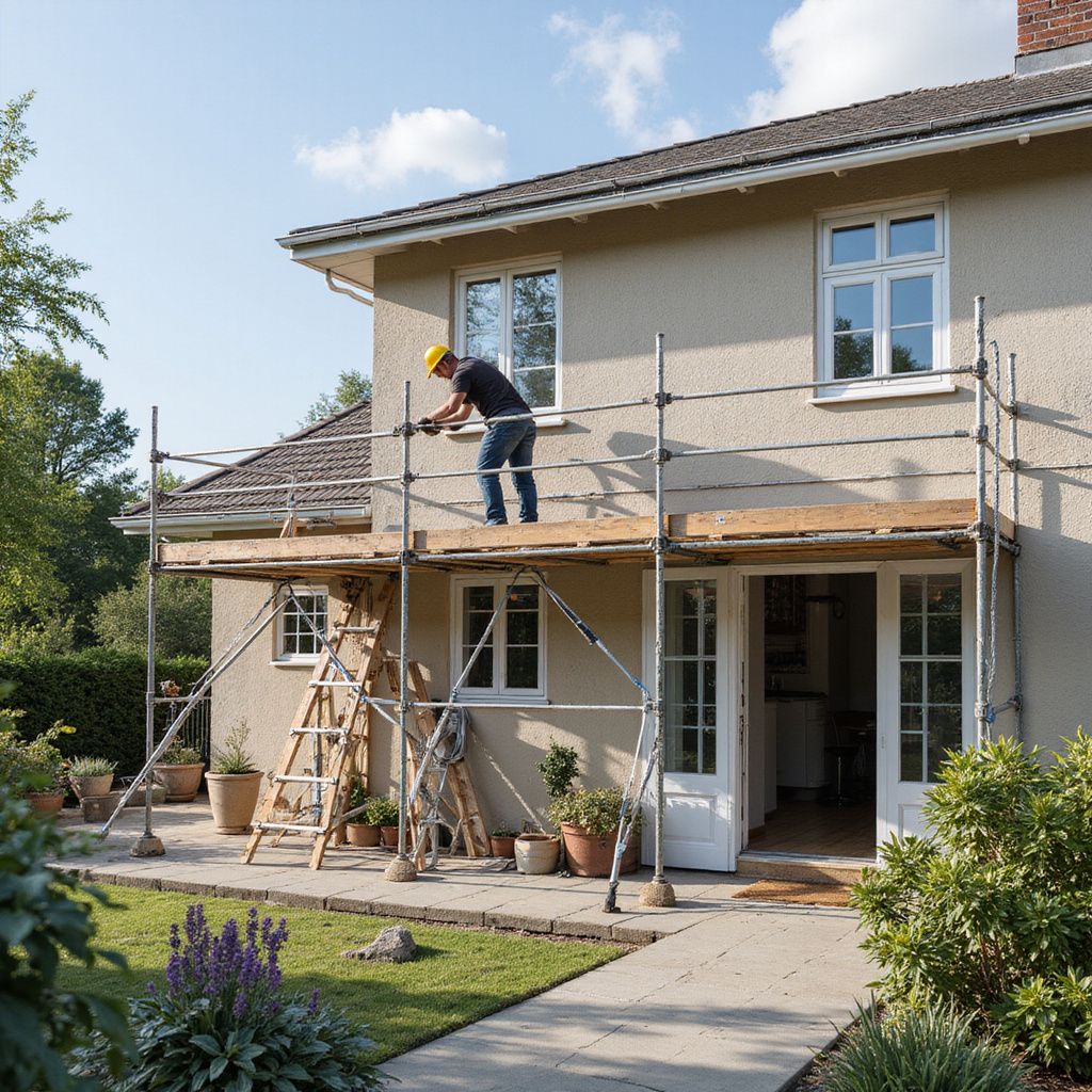 Man op een steiger die aan de buitenkant van een huis met twee verdiepingen werkt. Zonnige dag.