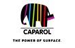 Caparol-logo: Silhouet van een olifant met kleurrijke strepen, de tekst