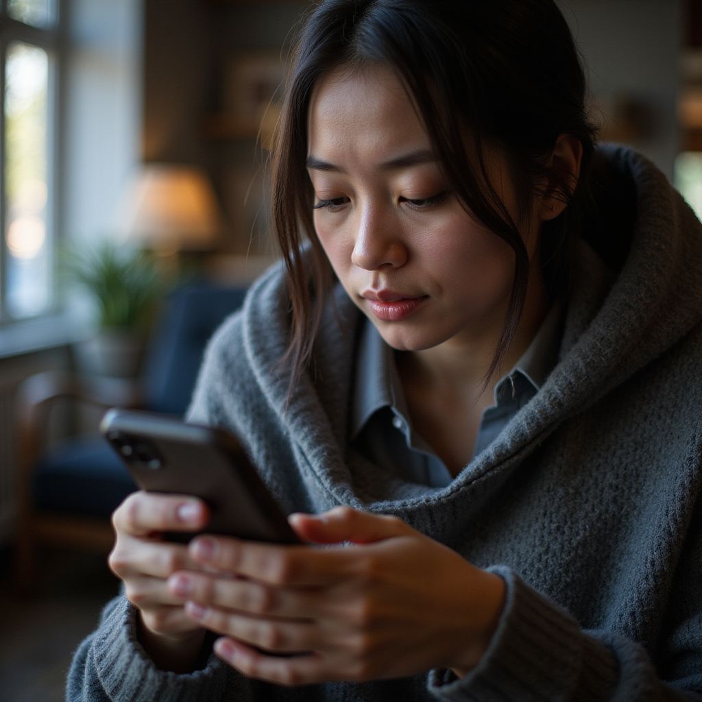Woman looking down at smartphone, holding it in both hands; wearing gray hoodie in room.