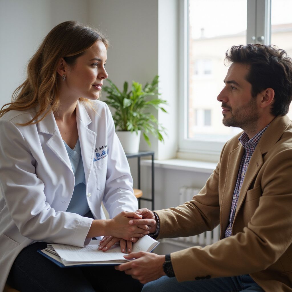 A doctor in a white coat holds a patient's hand, offering support during a consultation in an office.