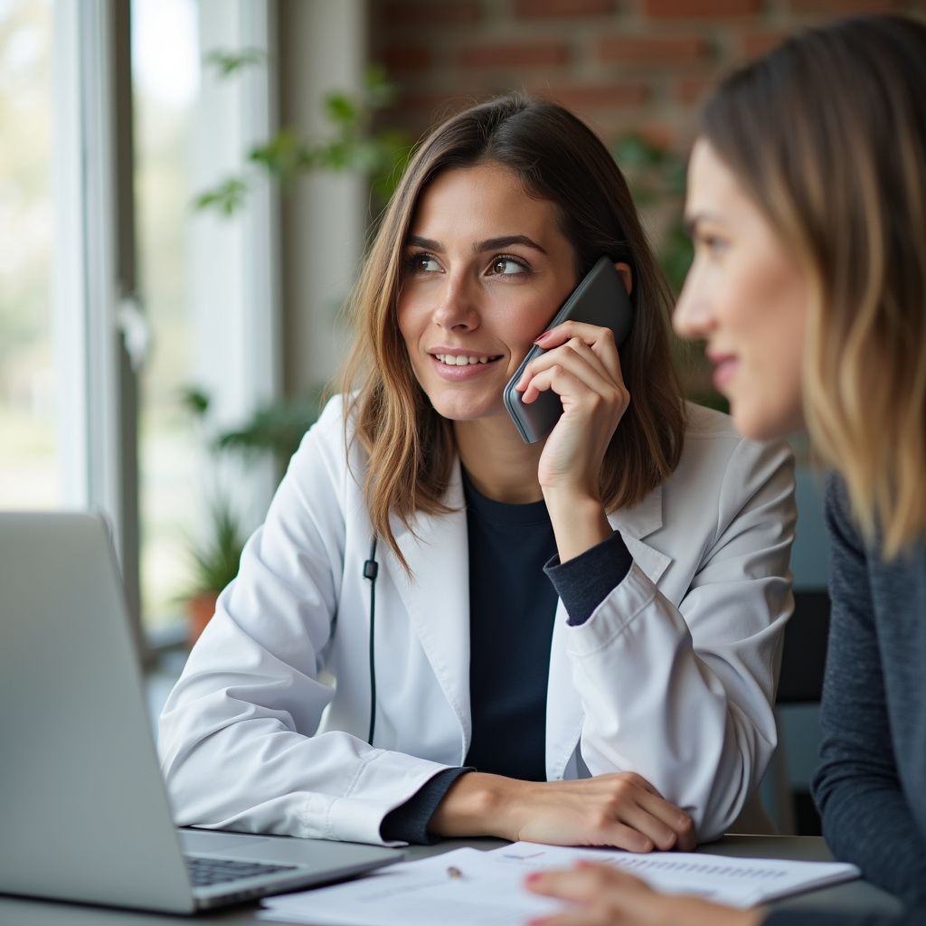Woman in white jacket on phone, with another woman and laptop at a table.