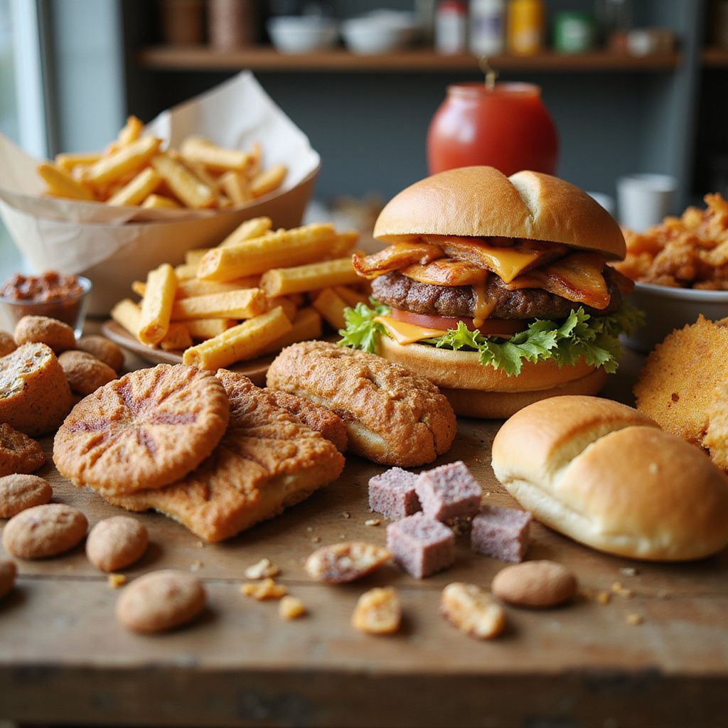 Fast food spread: burger, fries, fried foods, cookies, rolls on a wooden table.