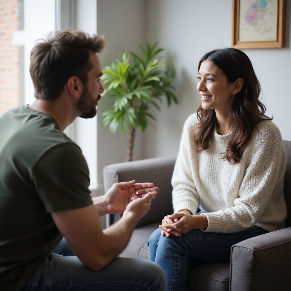 Man and woman in armchairs, conversing in a well-lit room. The woman smiles.
