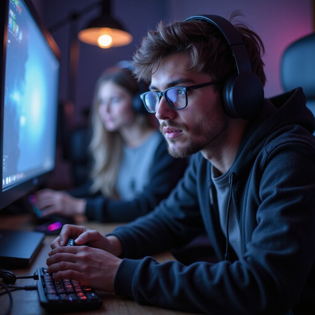 Person with glasses and headphones focused on a computer screen, typing on a keyboard, with another person in the background.