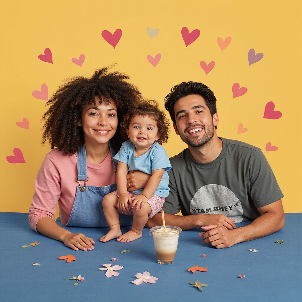 Family of three smiling, gathered around a birthday treat, with heart decorations.