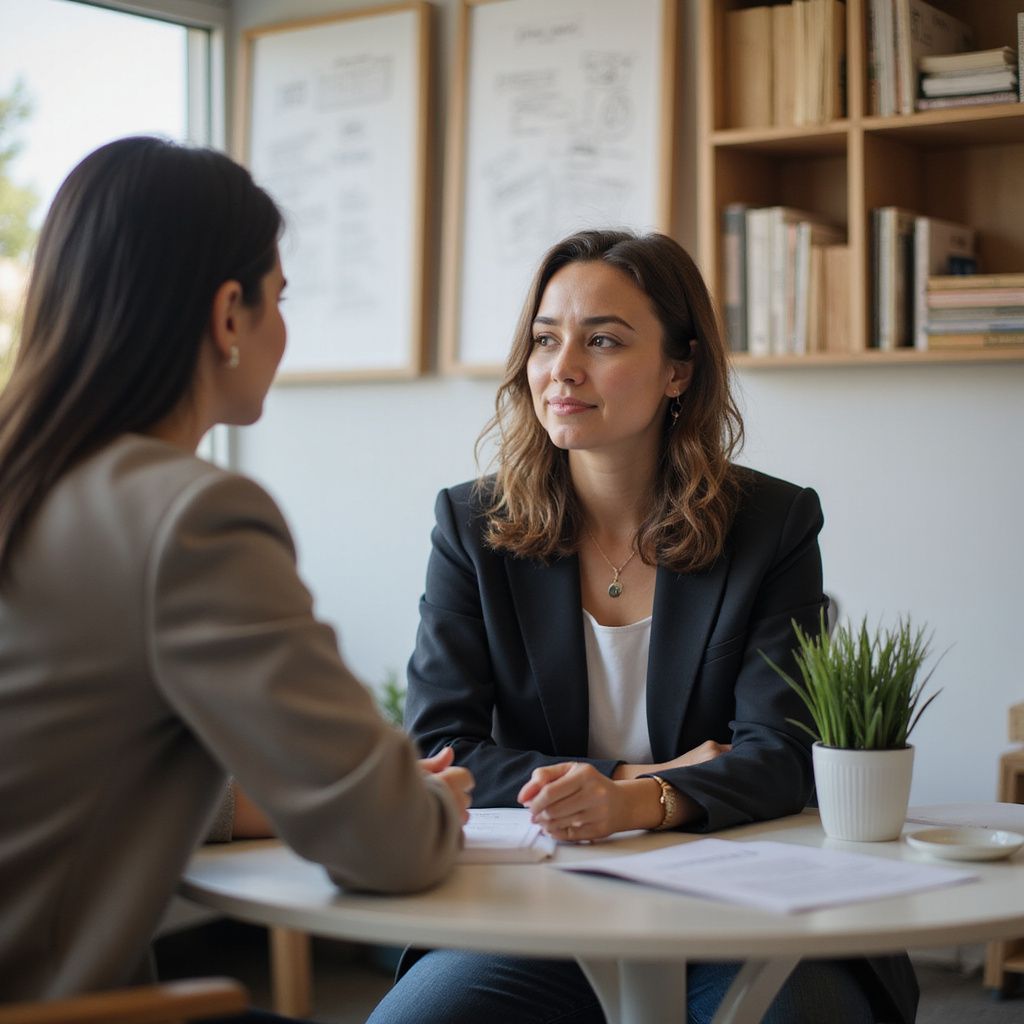 Two women in business attire at a table in a cafe, papers present, looking at each other, engaged in a conversation.