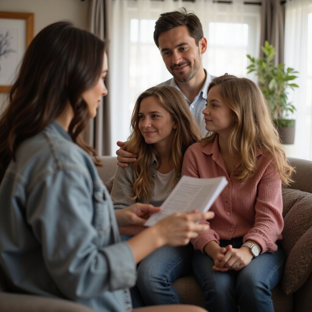 A woman shows papers to a family seated on a sofa indoors. The family looks on attentively.