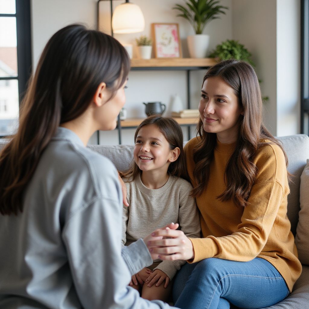 Three women talking on a sofa in a living room; a child smiles between two adults.