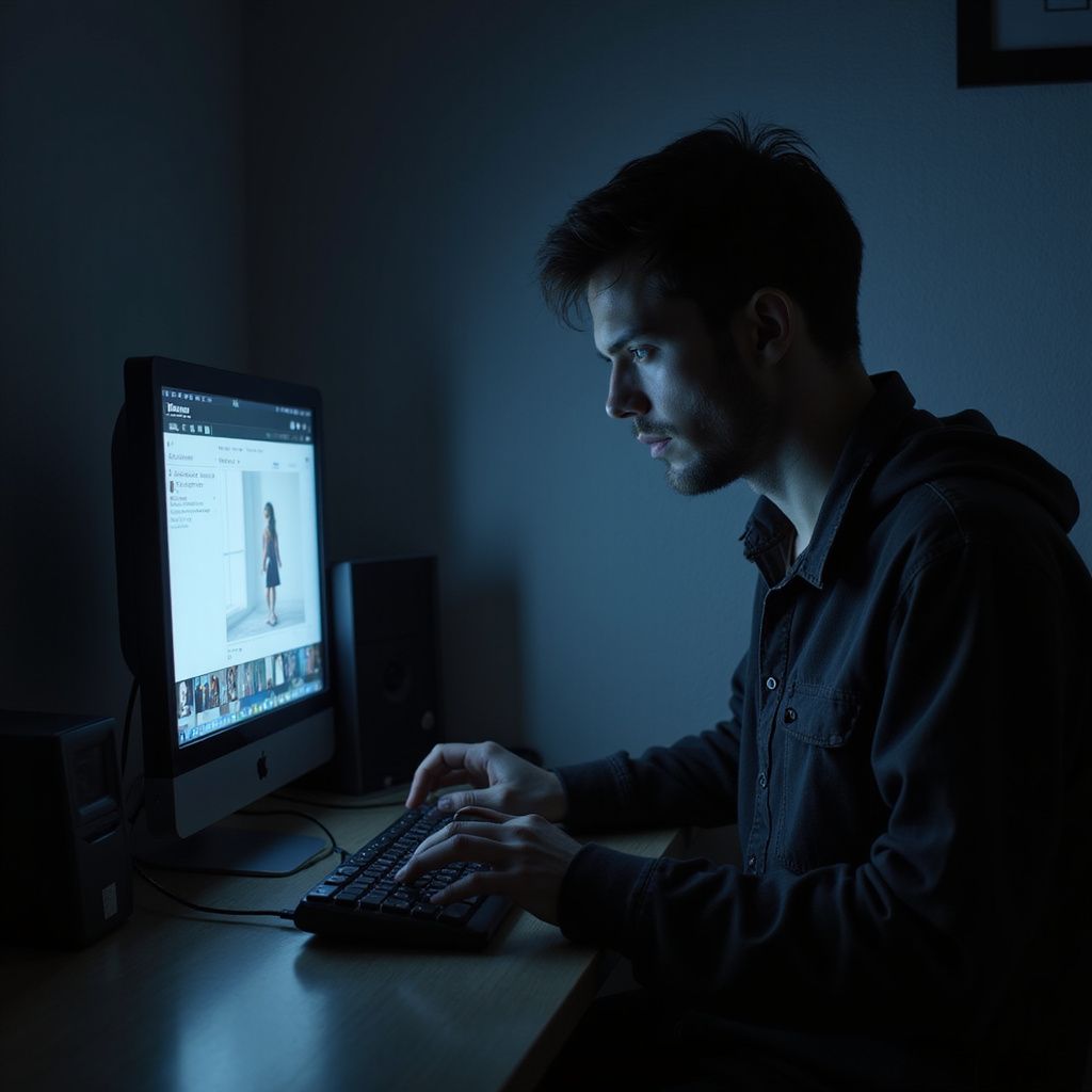 Man typing on a keyboard, illuminated by a computer screen in a dark room.