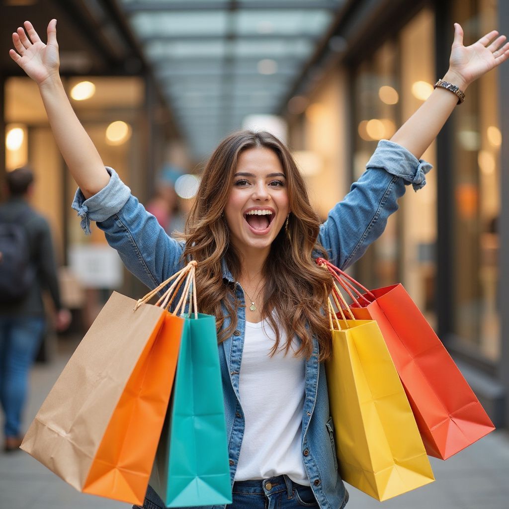 Woman in a shopping mall with arms raised, holding colorful shopping bags, smiling joyfully.
