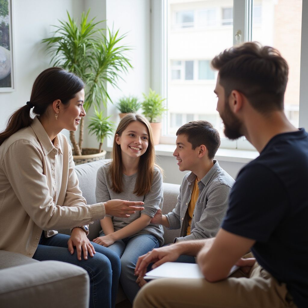 Family of four seated in a living room, talking and smiling, possibly a therapy session.