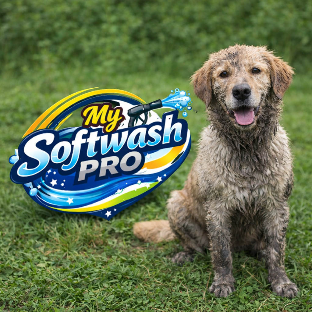A muddy dog is sitting on a gravel path.
