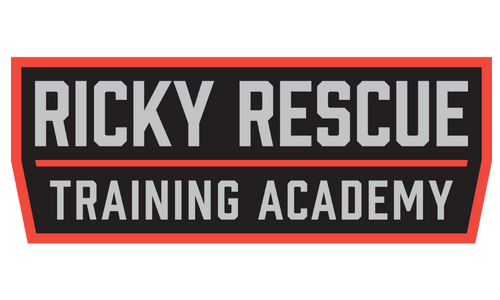 The logo for ricky rescue training academy is black and red.
